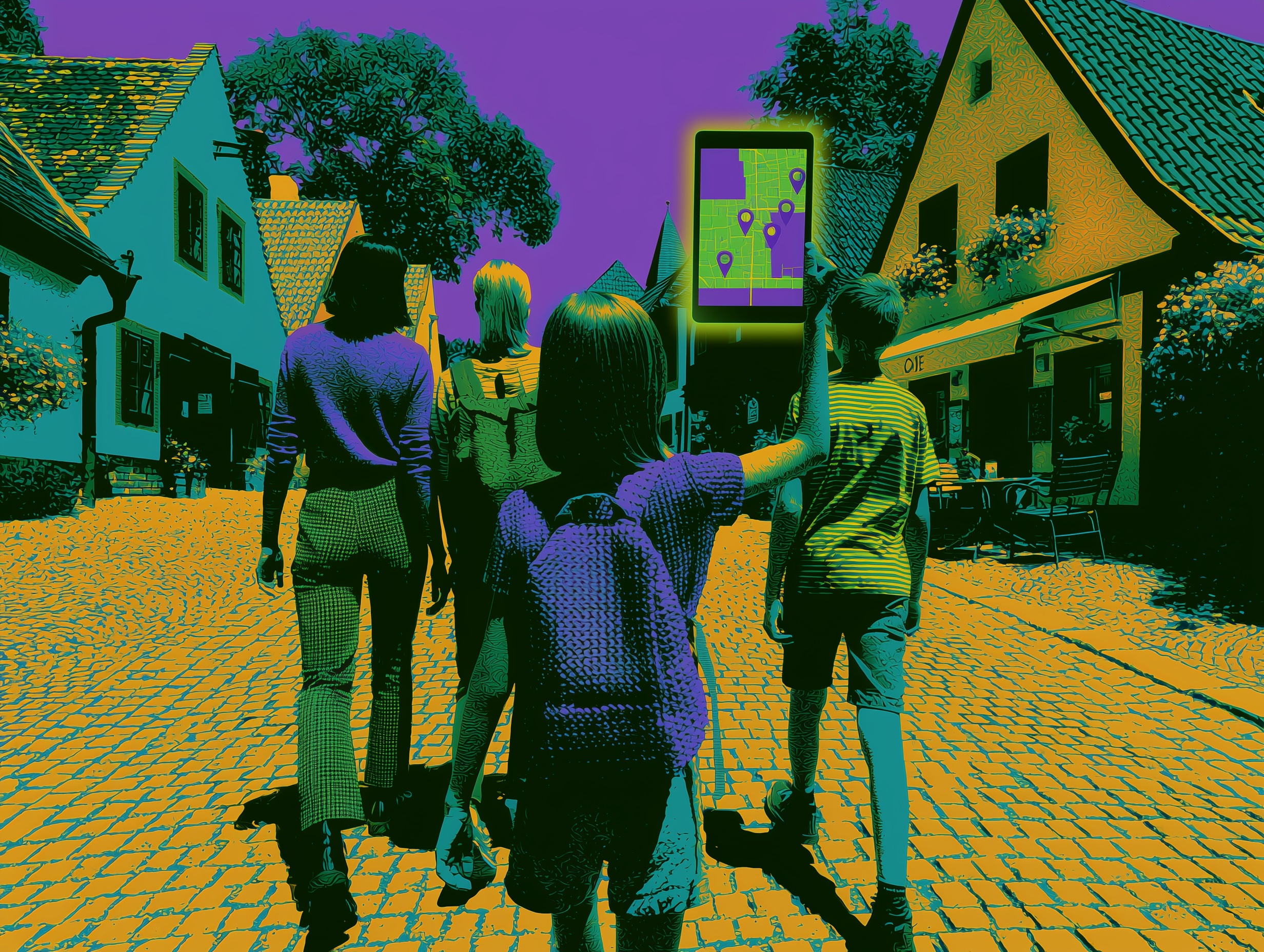 A family out with a tablet in the neighbourhood — the screen that sends you outside