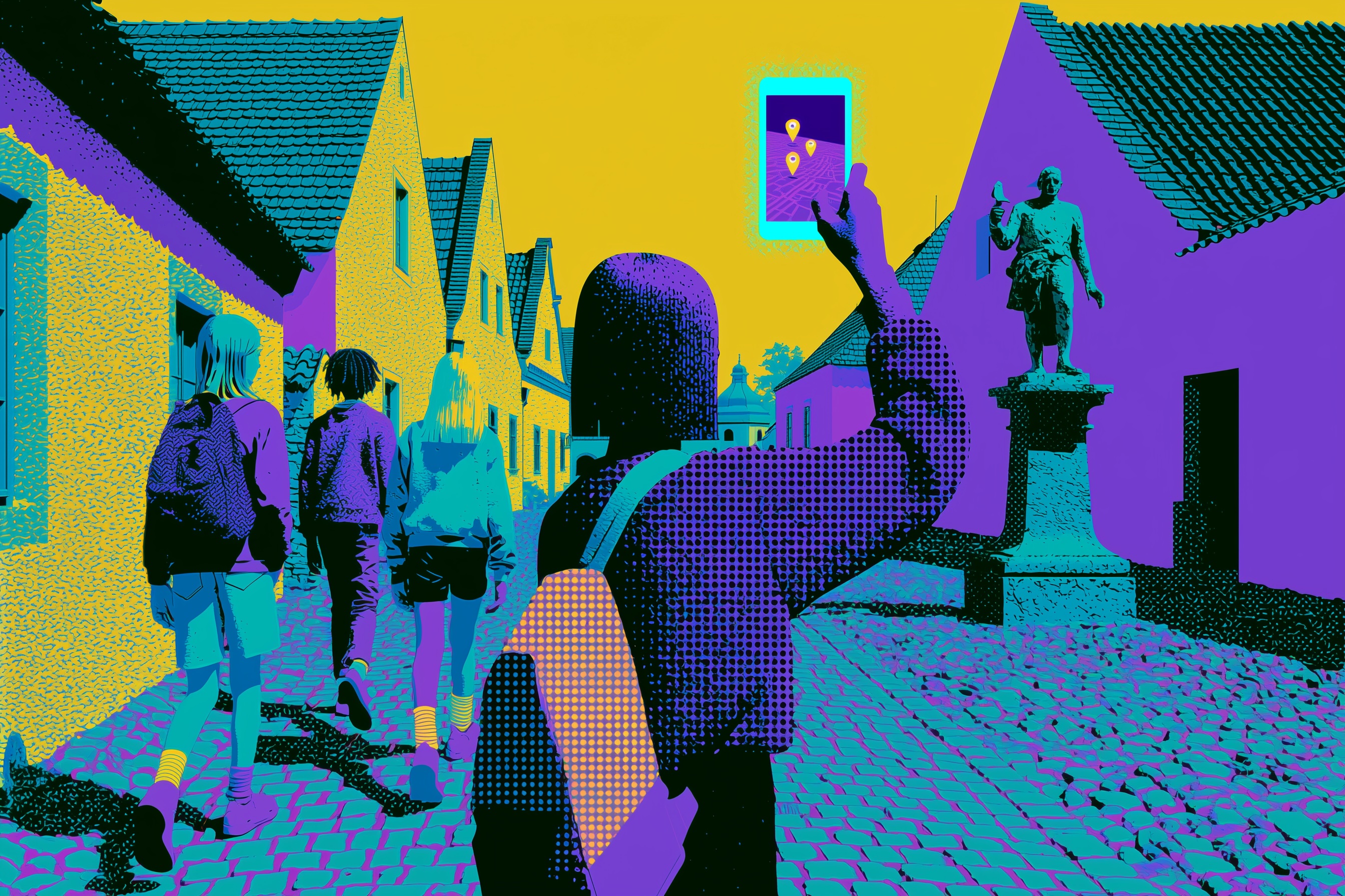 Kids walk through the Bohemian Village of Rixdorf towards a monument, a church tower in the background